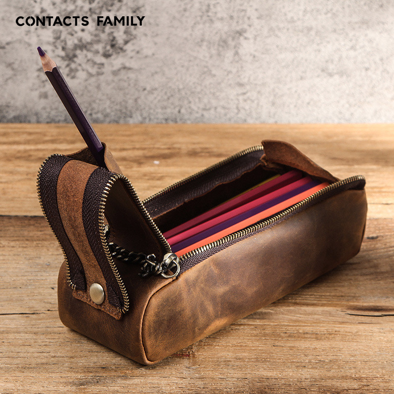 

Retro Crazy Horse Leather Creative Pencil Case Handmade Double Zipper Large Capacity Student Pencil Storage Box