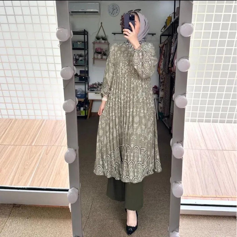 Dress Sexy Setelan Khanza Plisket Etnic Oneset Midi Long Tunik Silk Celana Cringkle Premium Busui