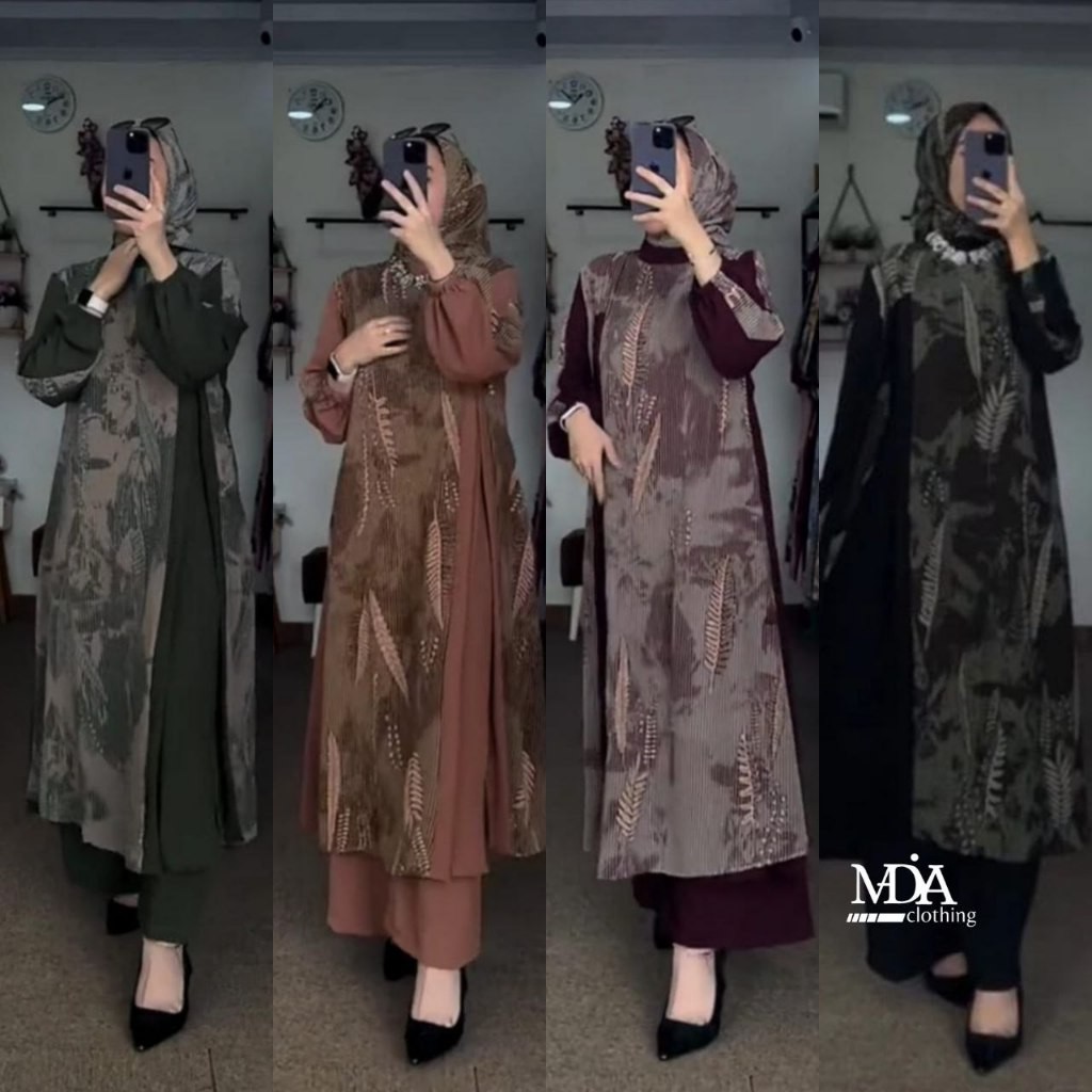 Dress Wanita Set Midi Crinkle Mix Ceruty 3 in 1 One Set Tunik Leaf Setelan Kulot Long Tunik Jumbo