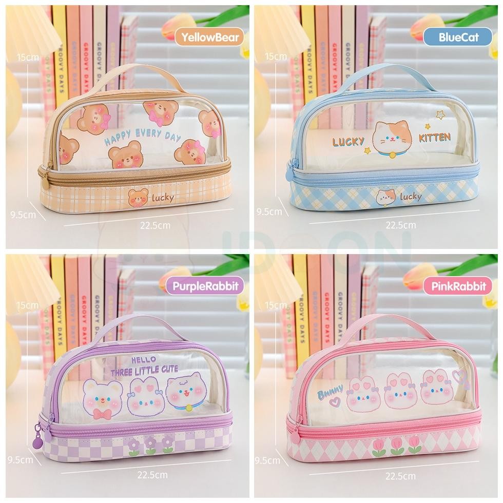 

11,11 Idoon Pencil Case Transparan Korea Tempat Pensil Besar Dua Lapis Kotak Pensil Tempat Pola Hewan Lucu Premium