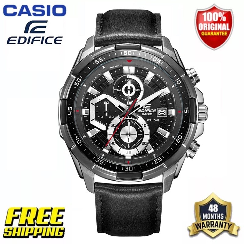 (GARANSI 2 TAHUN) Casio Edifice (EFR-539L-1A) Tali Kulit Hitam Jam Tangan Kuarsa 50 Meter |brc0pvzs|