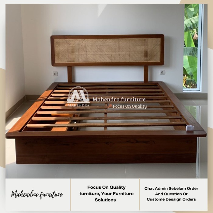 Dipan Tempat Tidur Laci 180x200 Headboard Rotan Dipan Laci Minimalis Kayu Jati Rotan