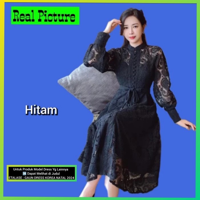 HRG DISKON dress pesta brukat lace midi sepan dress natal wanita modern hitam