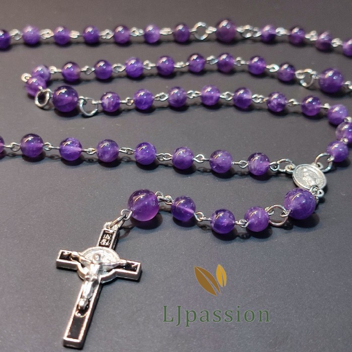 Kalung Rosario Batu Amethyst Kecubung Ungu Handmade