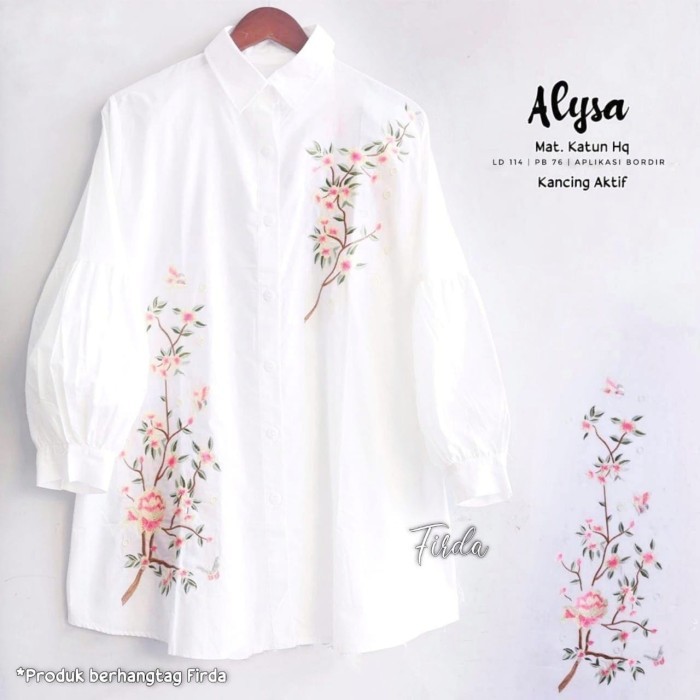EKSLUSIF Alysa tunik kemeja putih katun bordir ori realpict ld 114cm murah 20/6
