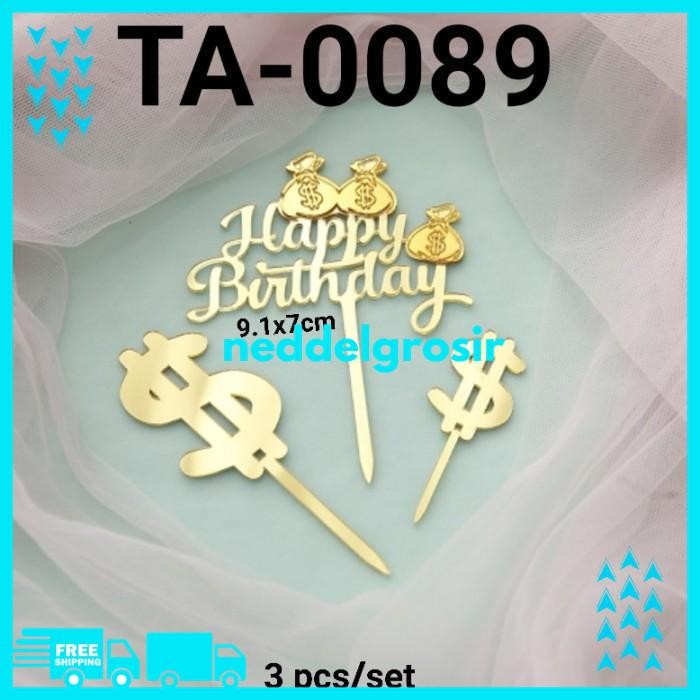 CAKE TOPPER AKRILIK HAPPY BIRTHDAY UANG DOLLAR KANTONG EMAS    TERMURAH 