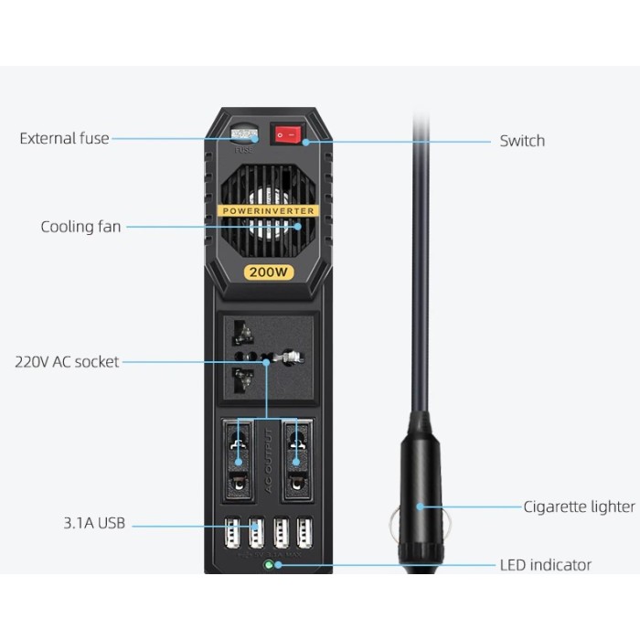 Converter Listrik Mobil Car Power Inverter Dc 12 To Ac 220V 200W Bygd Terbaik
