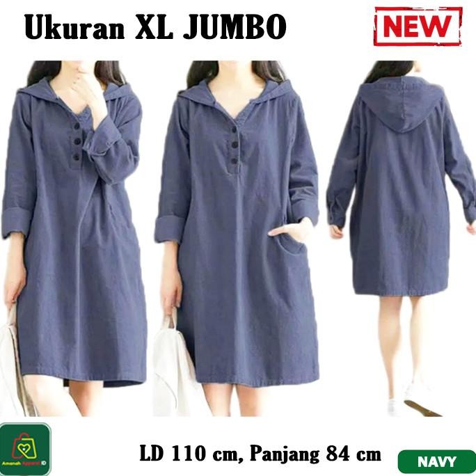 BAJU ATASAN WANITA TUNIK HOODIE JUMBO TUNIC KATUN FIT TO XL / 15052