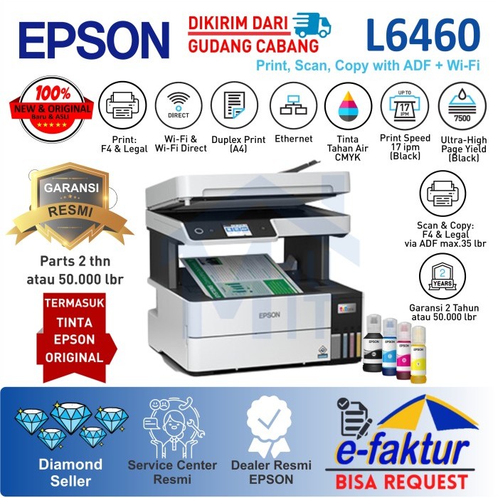 Printer Epson L6460 L 6460 L-6460 All in One F4 ADF WIFI PIGMENT DUPLE