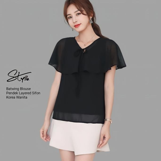 BAJU BLOUSE BLUS WANITA LENGAN PENDEK SIFON KOREA DOUBLE LAYER - HITAM