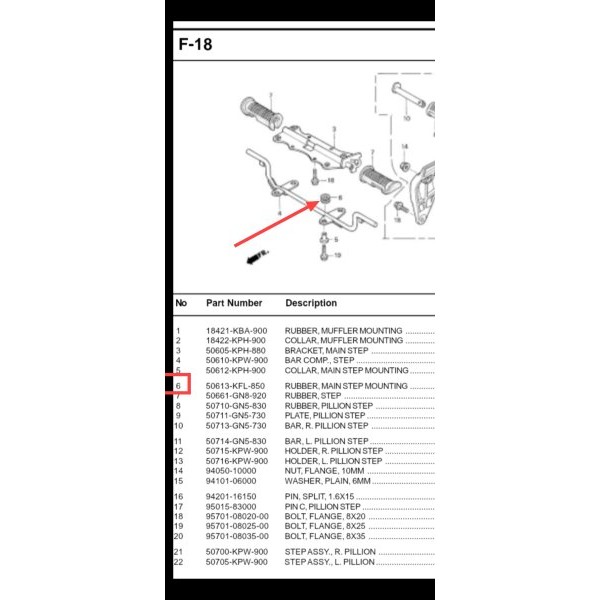 Karet Bantalan Besi Barstep Honda Kirana Karisma Supra X 125 Ori Ahm 50613-Kfl-850 Gambar No 6 Termu