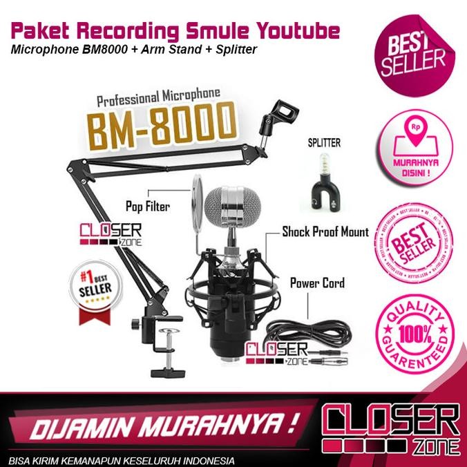 Paket recording smule mic condenser BM-8000 Original TAFFWARE Full Set
