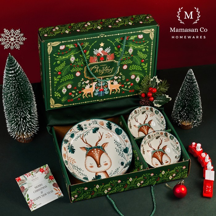 

NEW! Christmas Deer Gift Box Bowls Plate Hamper Mangkuk keramik natal - 2 Bowls 1 Plate Limited