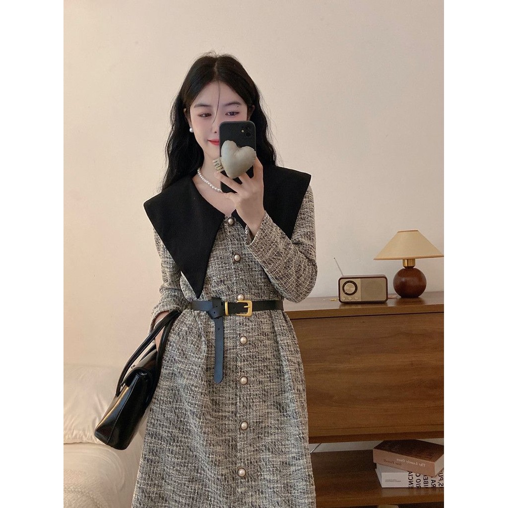 Versatile Autumn Clothes Desire Style Chanel Style Long Sleeve Dress Fat Girl Slimming Long Dress