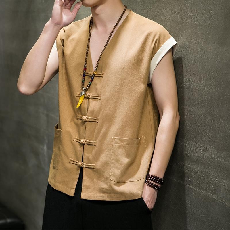 Rompi Linen Pria, Kaus Dalam Tanpa Lengan Gaya China, Rompi Linen Pakaian Teh Kancing Katak Musim Pa