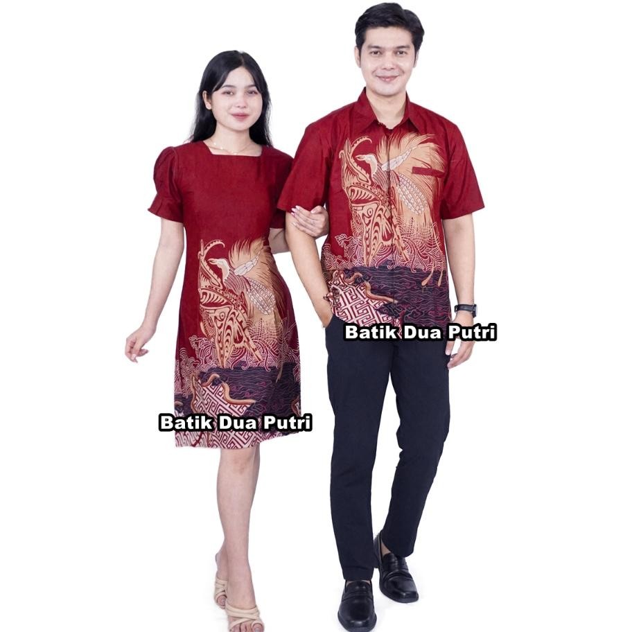 Couple Batik Pria Wanita Warna Merah Maron Motif Burung Sku [ Elang ]