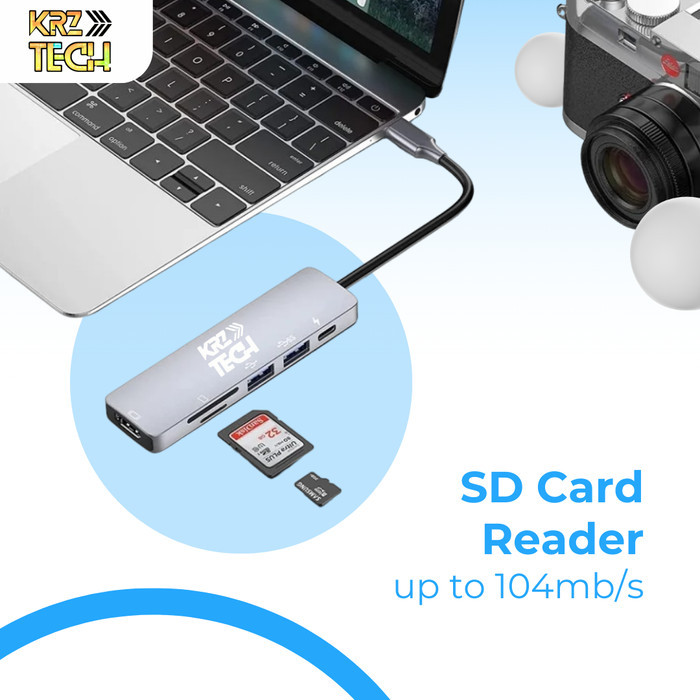 6 In 1 Krz Tech Usb C Thunderbolt 3 Pro Hub Dongle For Macbook/Laptop