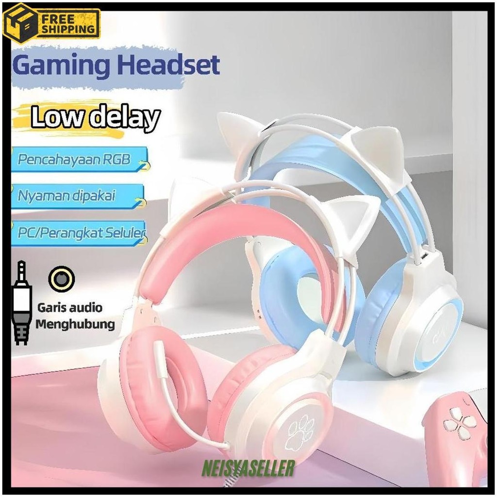 Yulozea Headset Gaming Cat Ears Gaming Headphone Rgb 7.1 Pink Headphones Anak Perempuan Warna Deskto