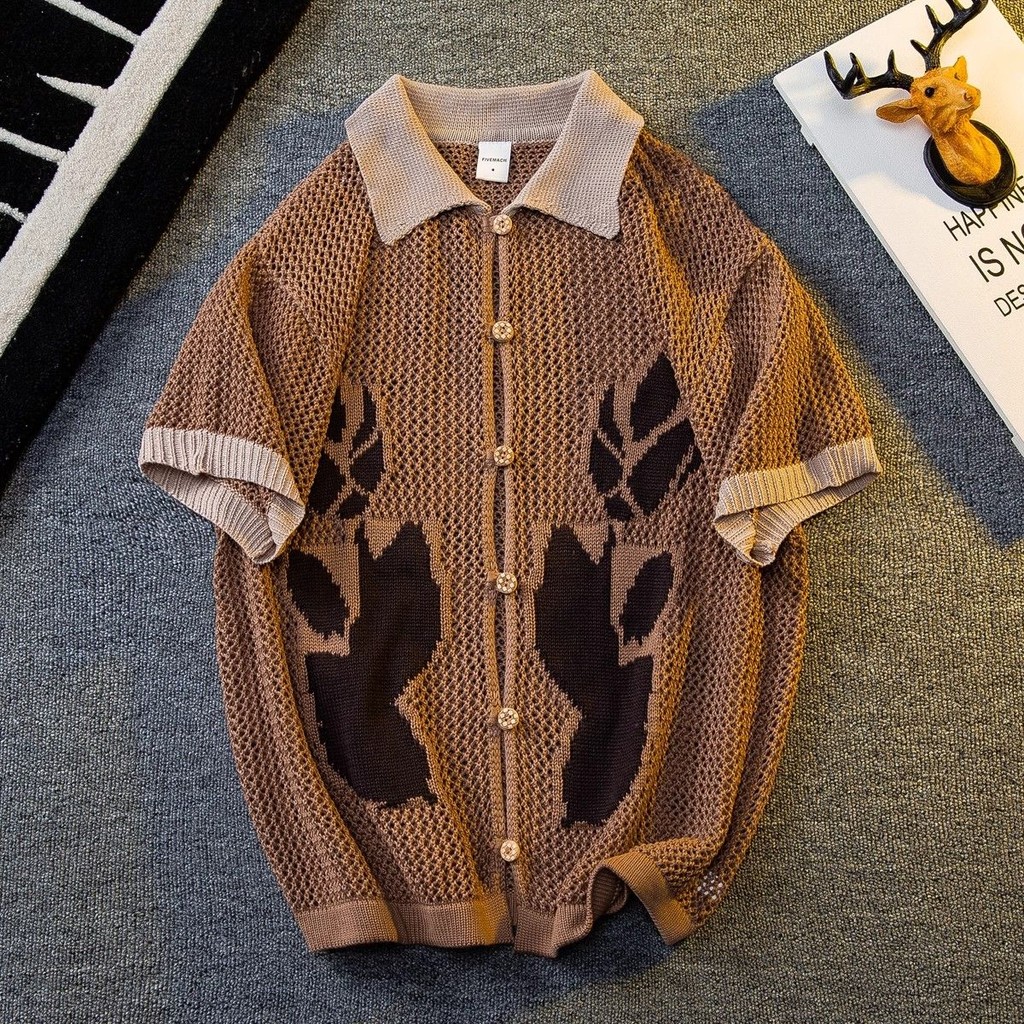 Baju Lengan Pendek Pria, Kardigan Sweater Lengan Pendek Jacquard Rongga Jepang Retro Netral