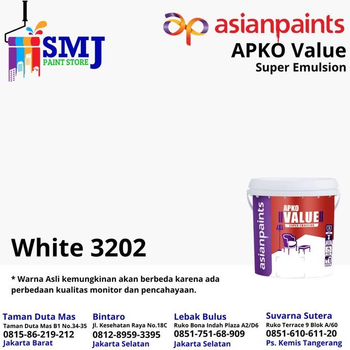 CAT TEMBOK INTERIOR ASIAN PAINT APKO VALUE SUPER WHITE / PUTIH 25KG