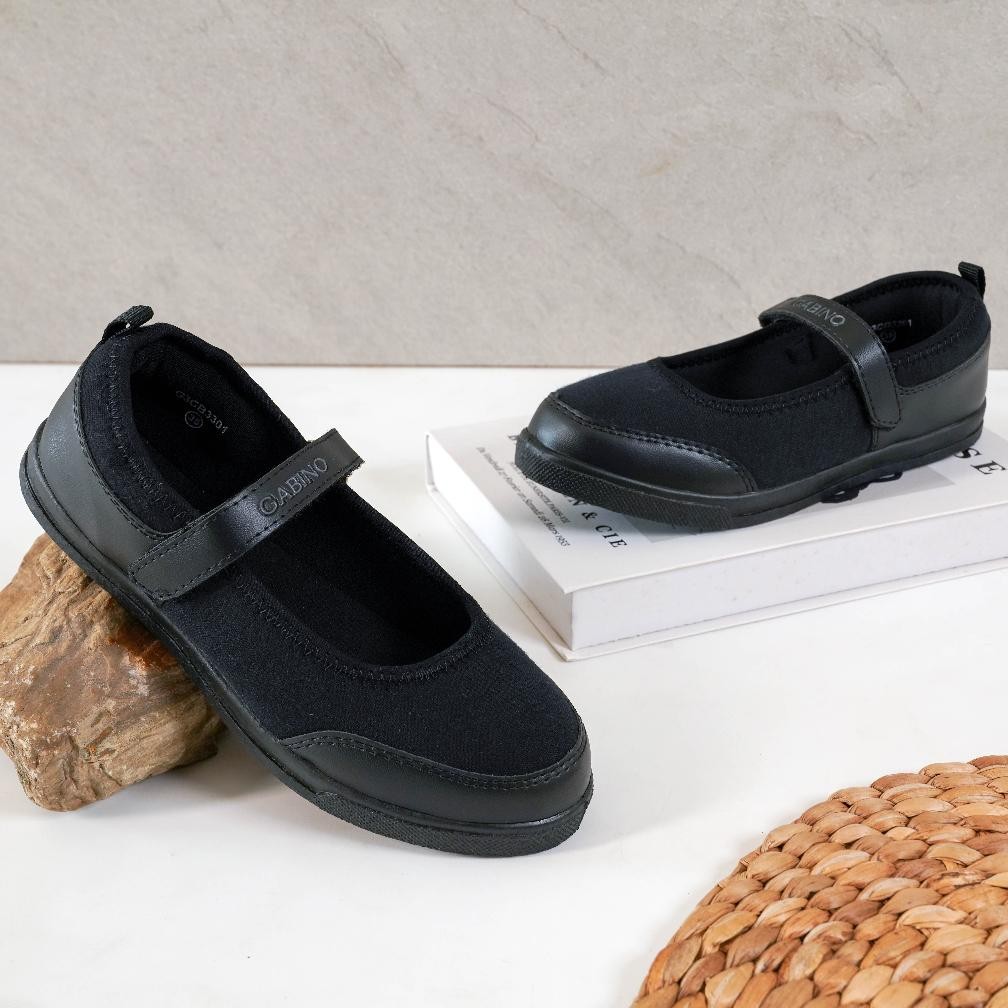 Sepatu Sekolah Anak Perempuan Gabino Flat Slip On Ronka Black - G3Cb3301 Sepatu Anak Cewek