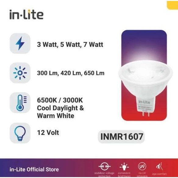 

TERSEDIA LAMPU SOROT LED INLITE SPOTLIGHT 5W 5 WATT DC 12V INMR1607 IN-LITE MR JARUM