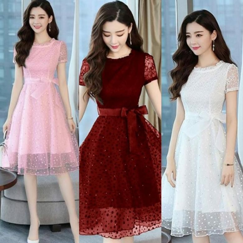 CR - DRESS BRUKAT NATAL ALICIA MINI DRESS BROKAT TILE DOT DRESS FASHION KOREA GAUN MEWAH ELEGANT REM