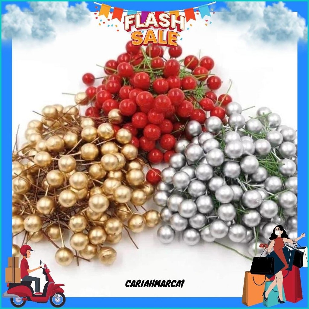 

100 Pcs Cherry Natal Christmas Biji Ceri Berries Hiasan Pohon Natal / Cake Topper Hiasan Kue Bola Emas Silver Merah Cherry Promo
