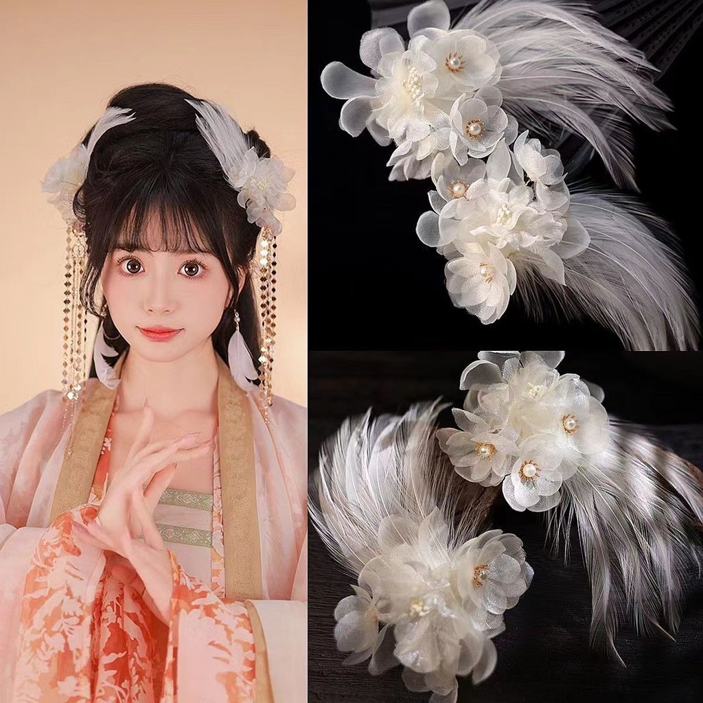 Hiasan Kepala untuk Pakaian Han Cina Jepit Bulu Putih Lembut Benang Sutra Indah Peri