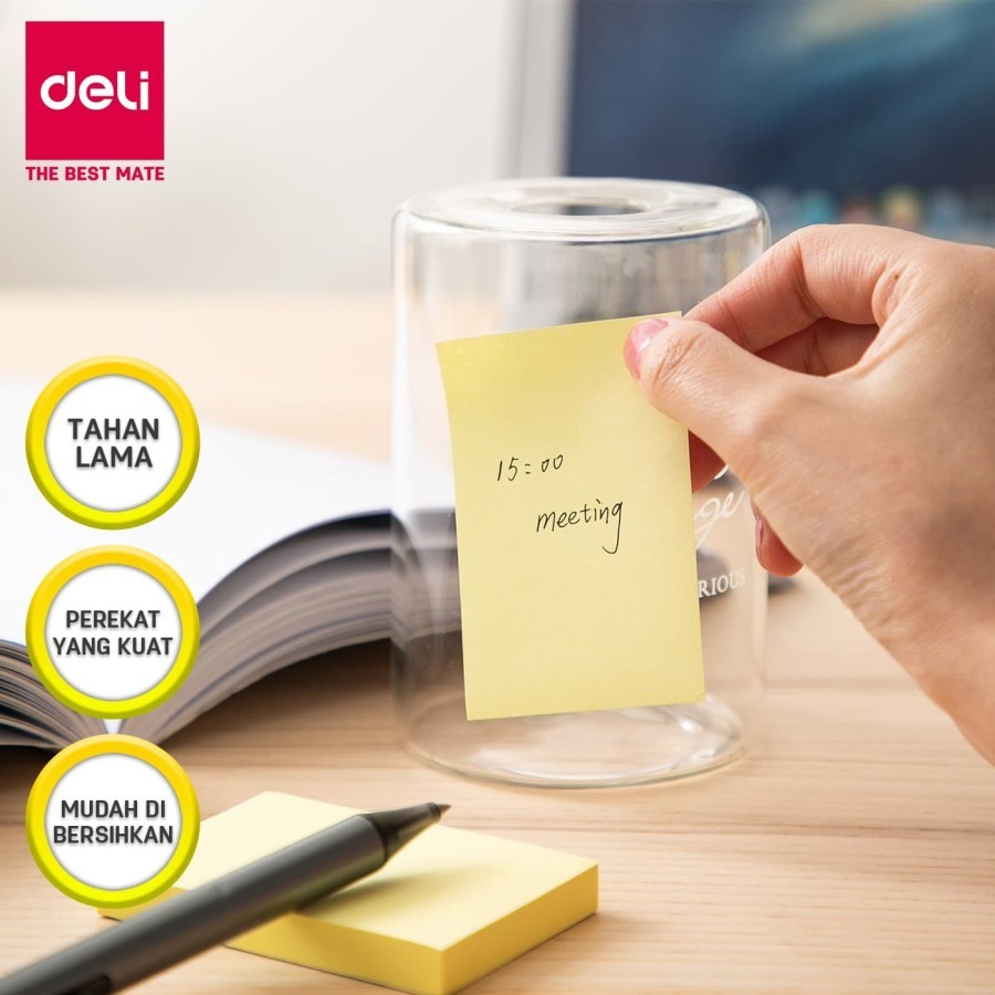 

Deli Memo tempel Sticky Notes 76 x 52mm 3"x 2" 100sheets Warna Kuning perekat kuat tahan lama EA00253