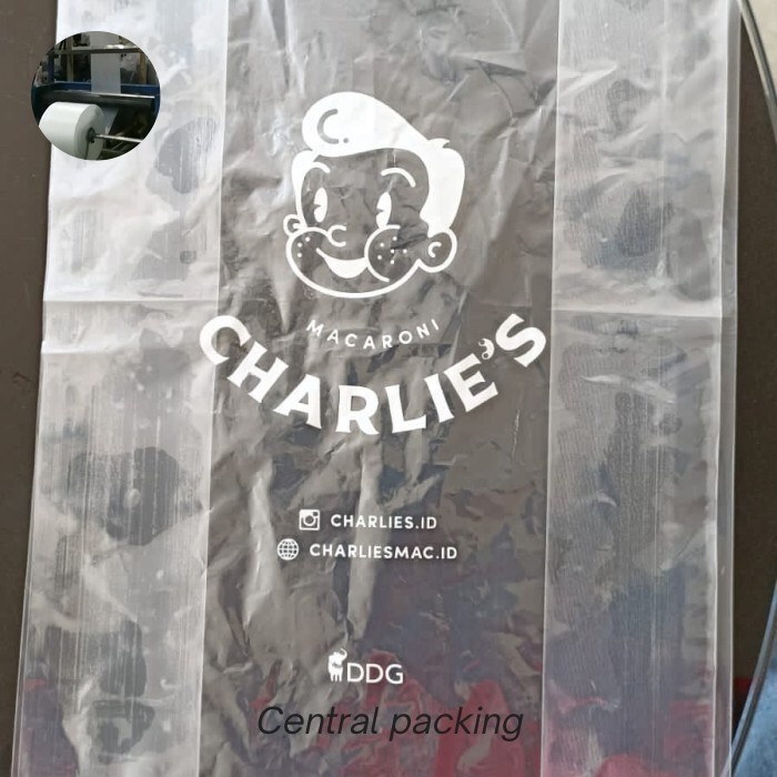 plastik PE kresek takeaway bening (CUSTOM SABLON CETAK LOGO) uk 15-50