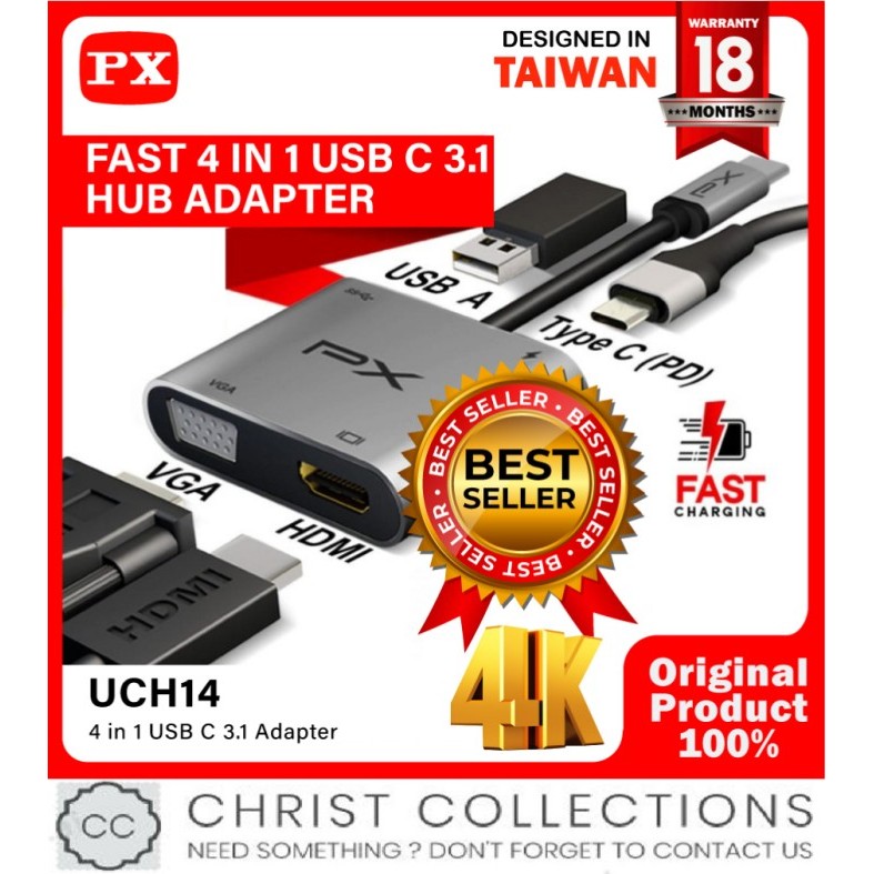 PX HUB CONVERTER ADAPTOR TYPE C 3.1 TO HDMI VGA USB 4in1 4K UCH14