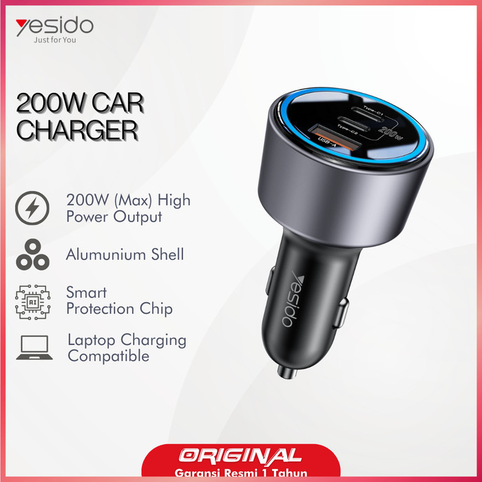 YESIDO 200W Car Charger Dual PD Type-C QC Laptop Macbook Fast Charging