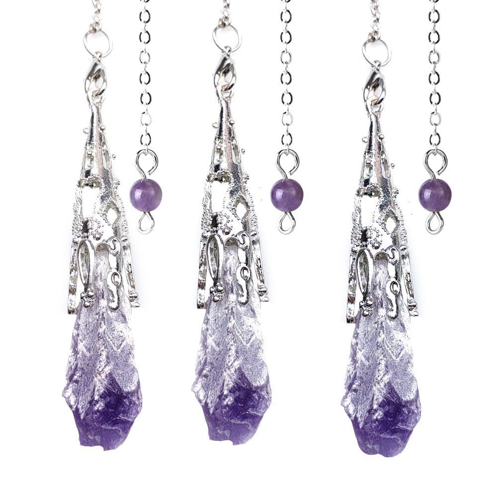 Liontin Pendulum Kristal Alami, Batu Kasar Cluster Amethyst Tidak Teratur
