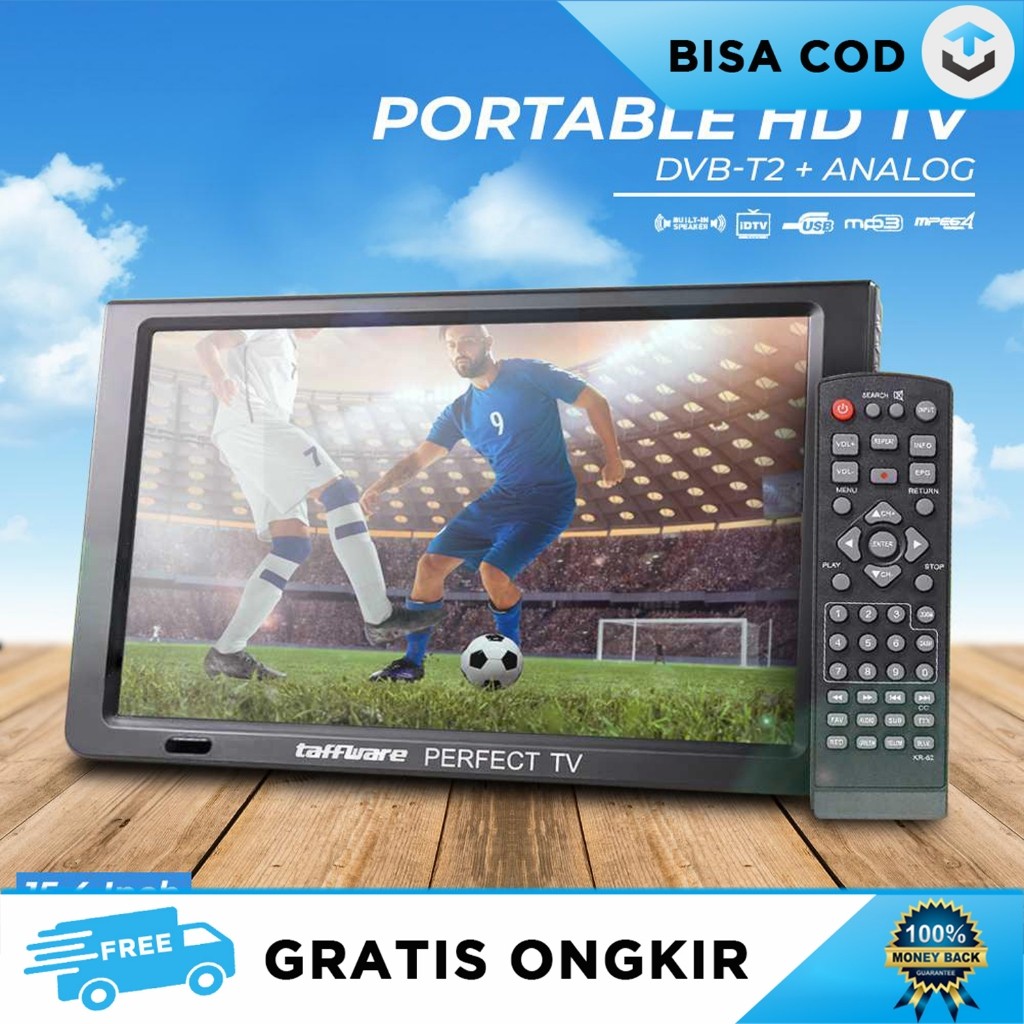 PORTABLE MONITOR TV LED COLOR TAFF12 INCH DVBT2 BATERAI ISI ULANG