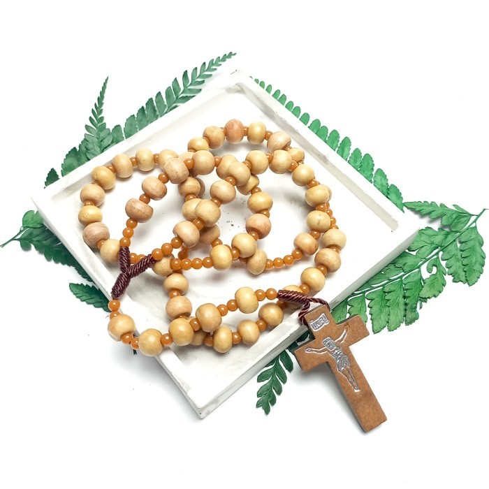 Azzatun - Kalung Rosario Katolik Kayu Warna Coklat / Salib Kayu / Tali Nilon
