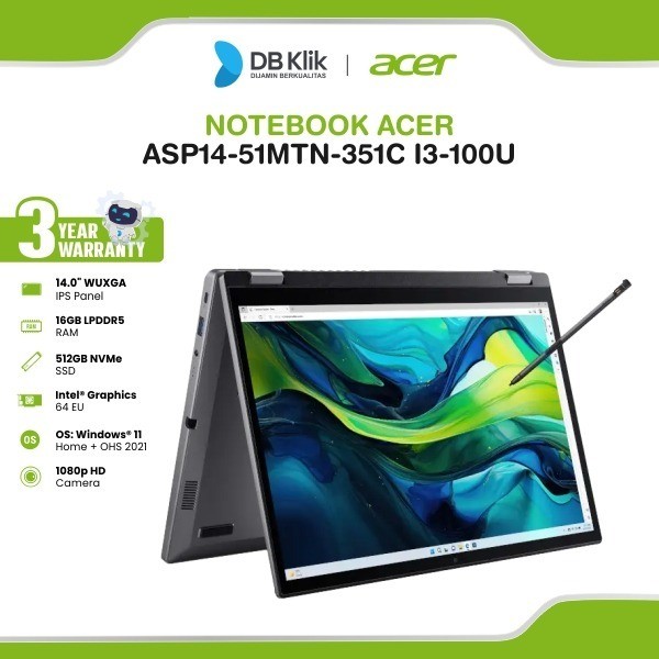 Acer Notebook Asp14-51Mtn-351C Core 3-100U 16Gb/512Gb 14" Touch + Stylus Pen Windows 11 Home Ohs 202