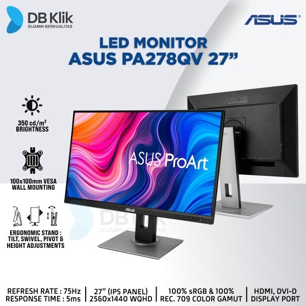 Asus Led Monitor Pa278Qv 27" 75Hz Wqhd Hdmi Dp Dvi-D - Pa278 Qv
