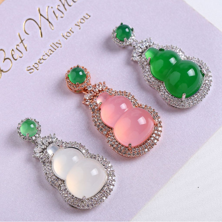 Kalsedon925Liontin Labu Bertatahkan Perak Liontin Es Putih Labu Kalsedon Mawar Batu Akik Hijau