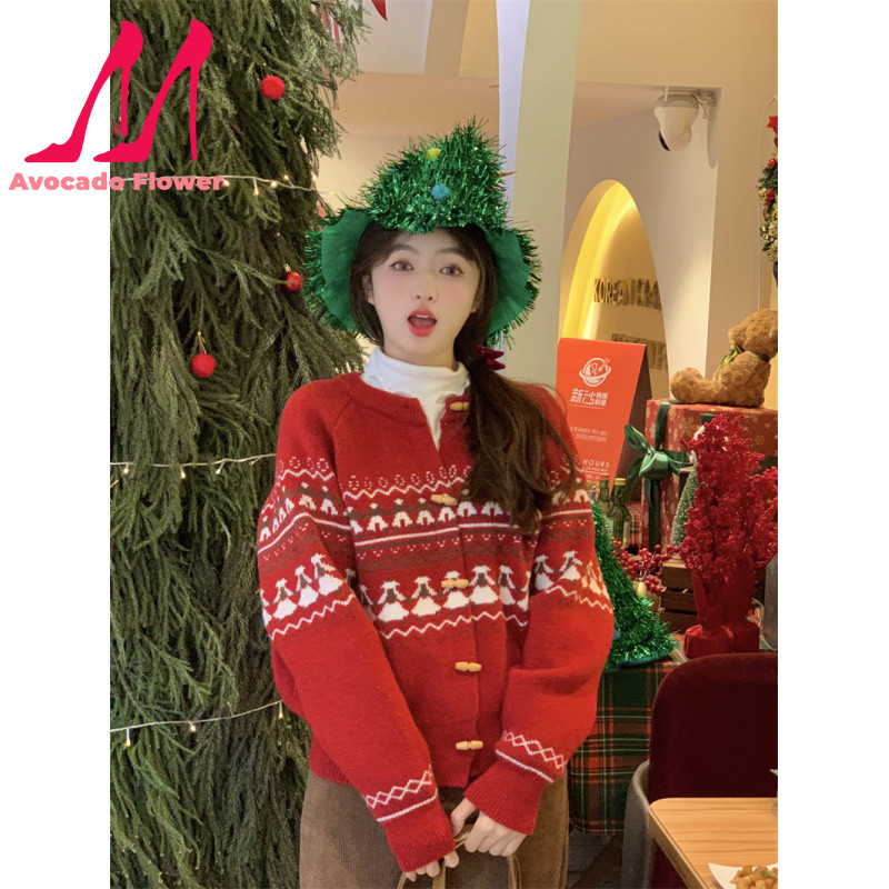 COD Model Natal manis Jepang jumper merah mantel wanita musim gugur dan musim dingin suasana layerin