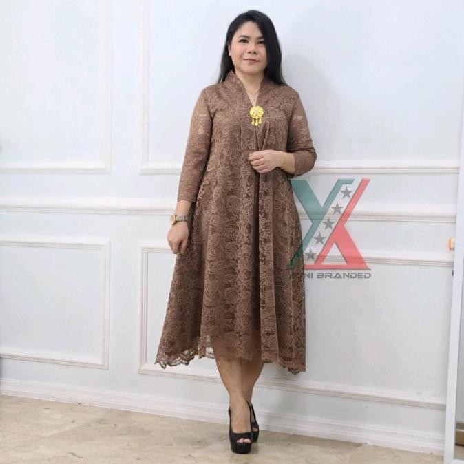DRESS PESTA BRUKAT SILVANA WANITA GAUN  BROKAT V-NECK A-LINE MIDI DRESS LEBARAN RAMADHAN WANITA PERE