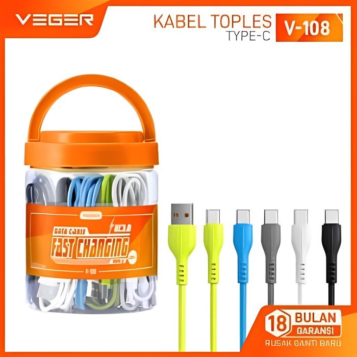 VEGER V-108 Kabel Data Type-C USB (1 Toples isi 20PCS) QC 3.0A ORI