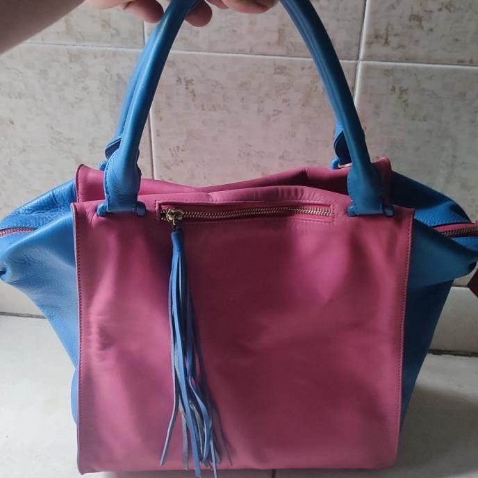 Tas kulit asli untuk wanita warna biru pink