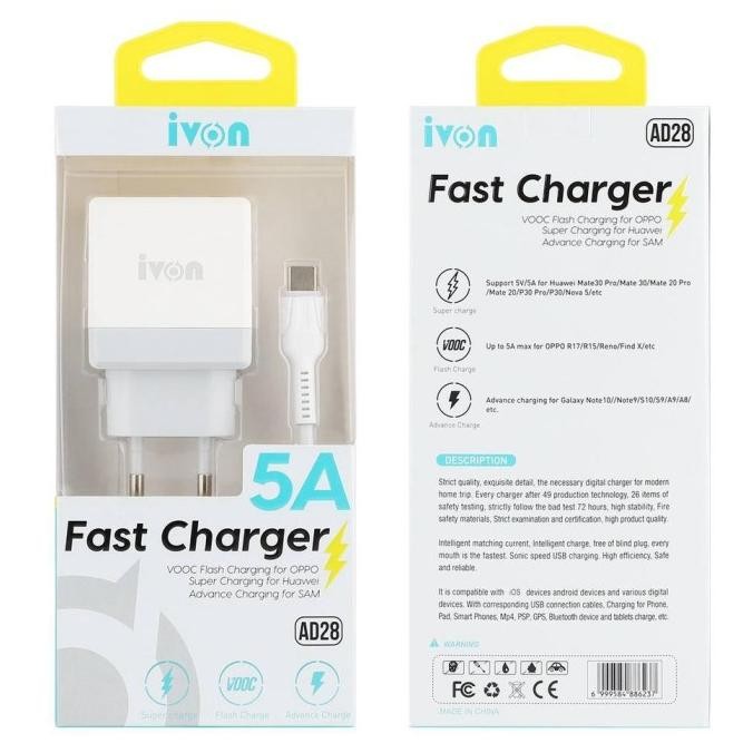 Ivon Fast Charger 5A Super Charging Usb Type-C Vooc Flash Kepala/Batok