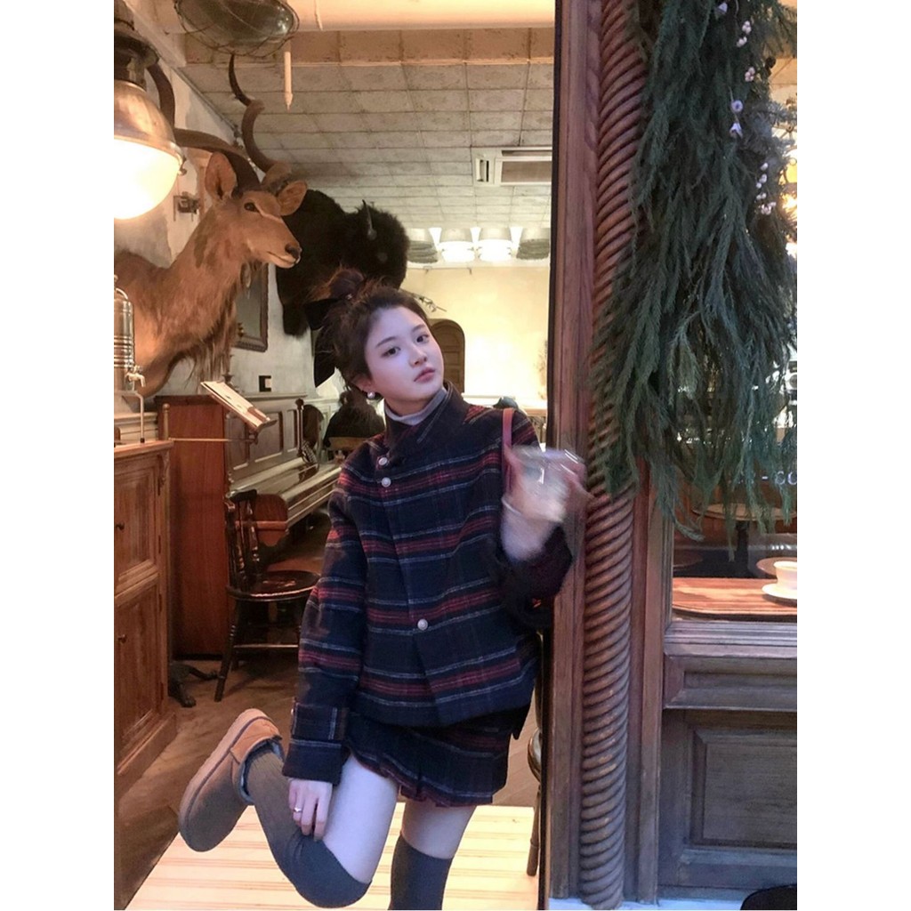 [Cream Winnie]Mantel wol lengan panjang kotak-kotak kontras retro Prancis, rok elegan berpinggang ti