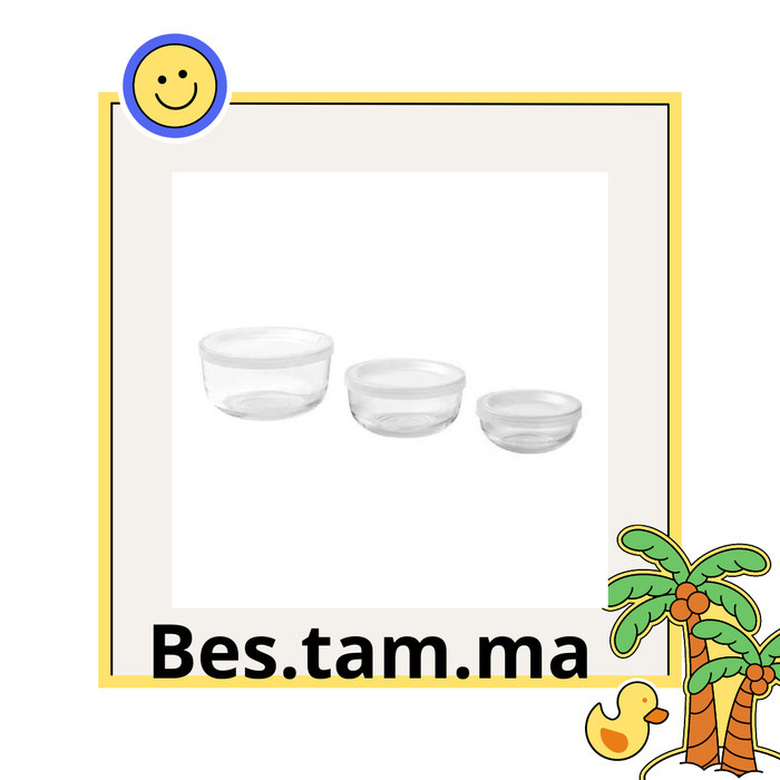 PRODUK TERBATAS IKEBESTAMMA. Wadah makanan dg penutup, set isi 3, kaca