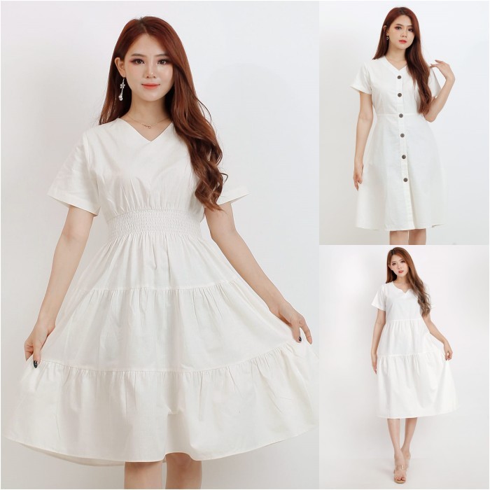 White Midi Dress Lebaran Wanita Putih A Line Vintage Katun uniqlo TBRD