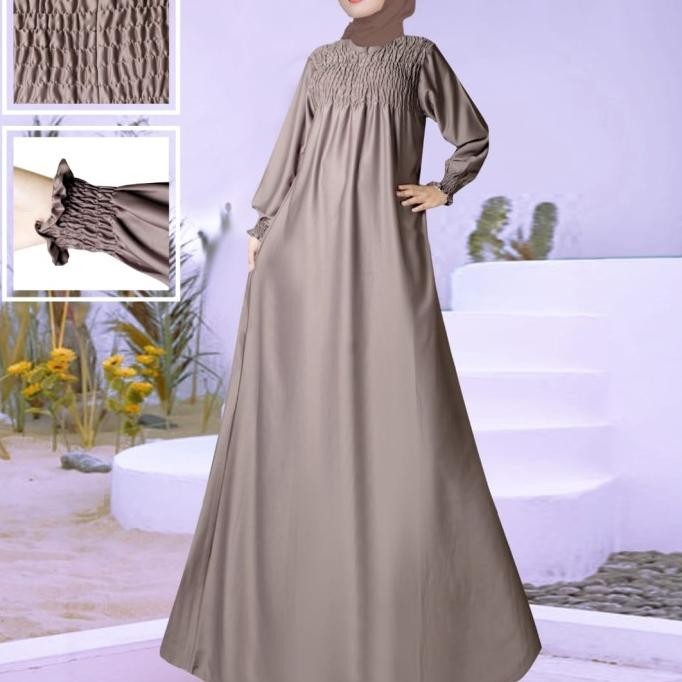 GAMIS WANITA MODEL SMOC WARNA COKLAT SUSU
