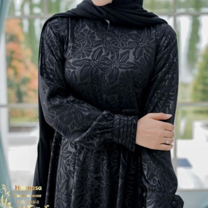 Baru Setelan Gamis Embos Wolfis Motif Bunga Lily Warna Hitam/Hitam/Original