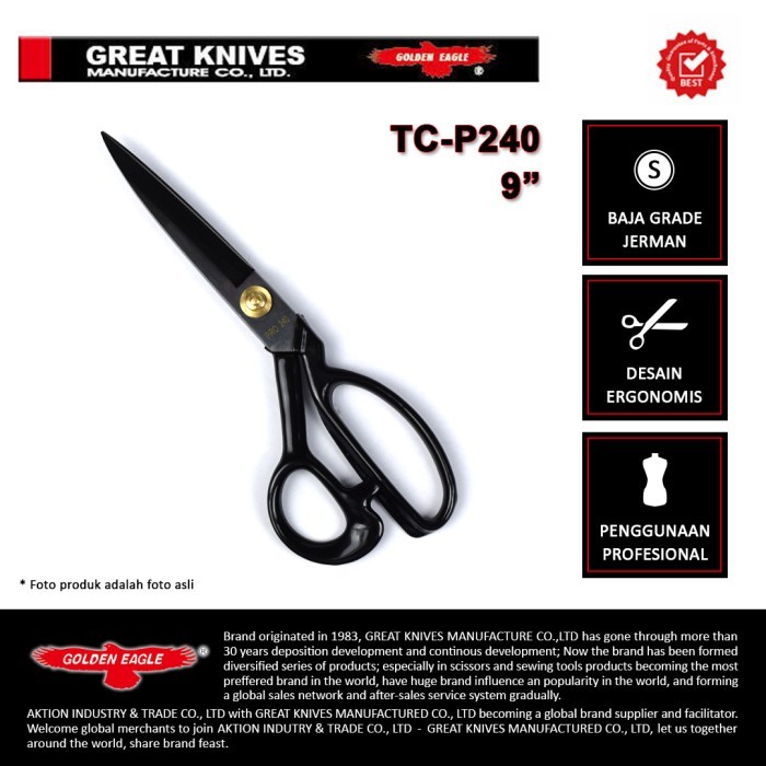 

Gunting Potong Bahan Kain Golden Eagle 9 Inch Tc-P240 - Tailor Scissor